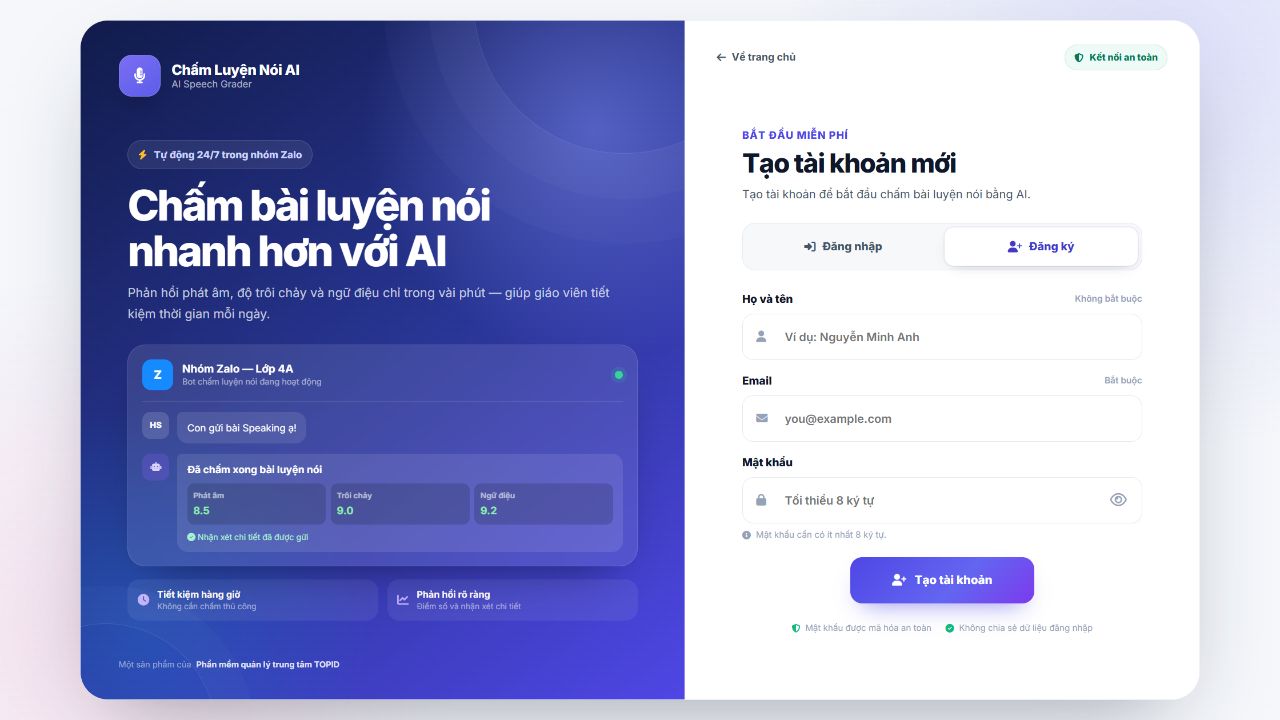 Giao diện đăng ký tài khoản Chấm Luyện Nói AI